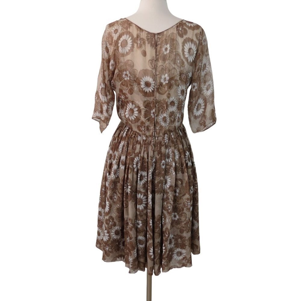 Vintage 1960s Women's Brown Daisy Floral Chiffon Fit & Flare Dress - Picture 2 of 11